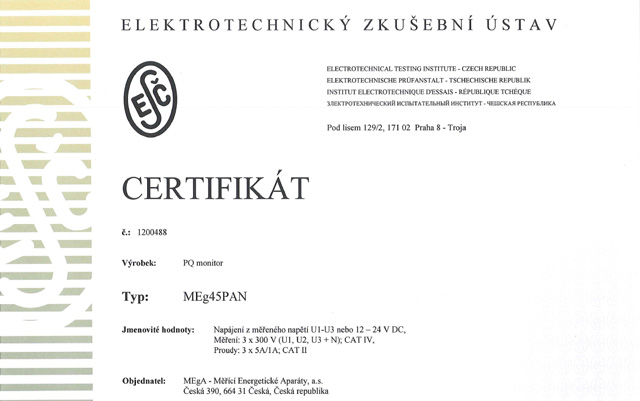 Certifikát EZÚ pro monitor MEg45